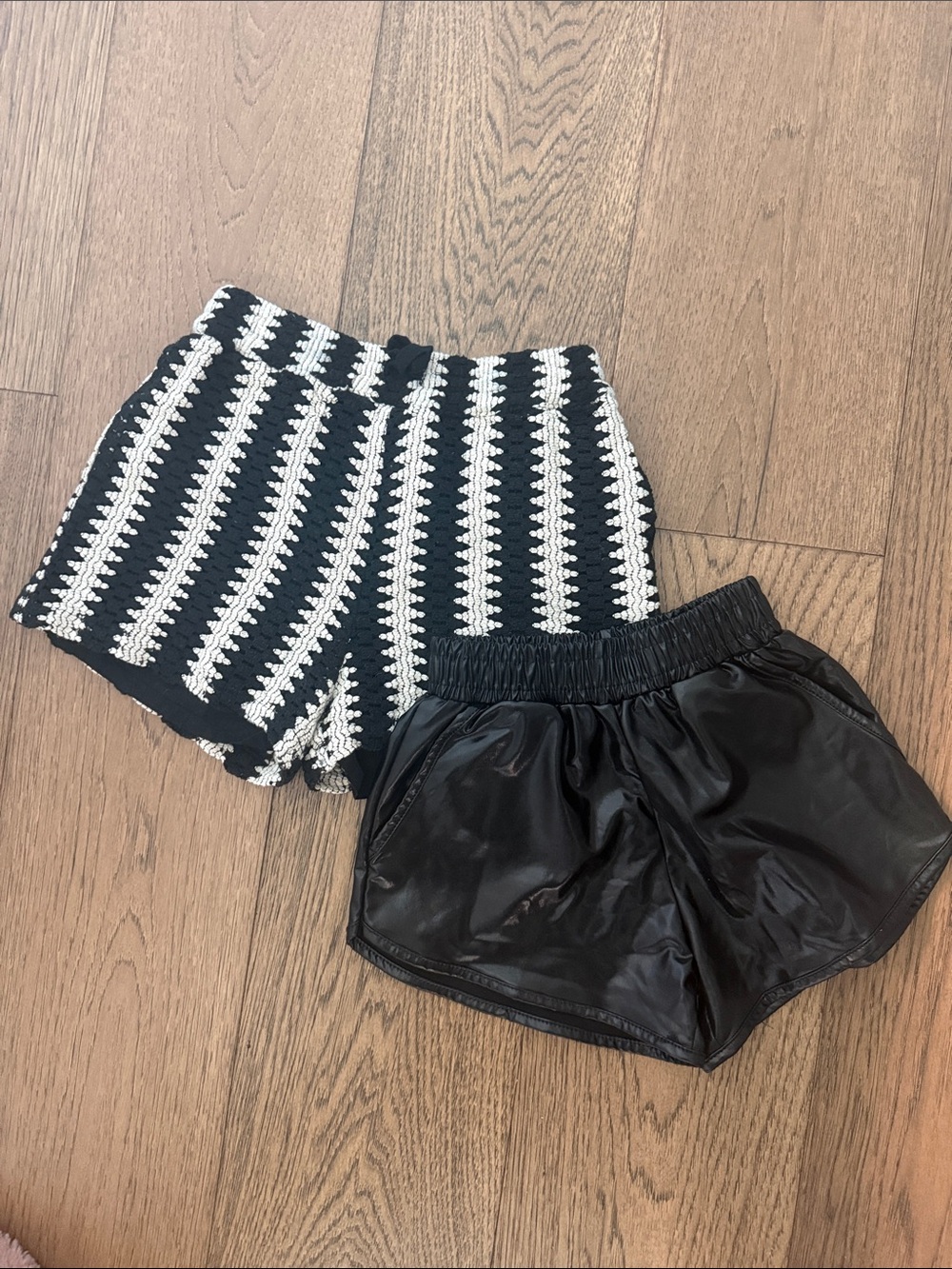 Cotton On Kids' Black & White Crochet Stripe and Black faux leather Shorts